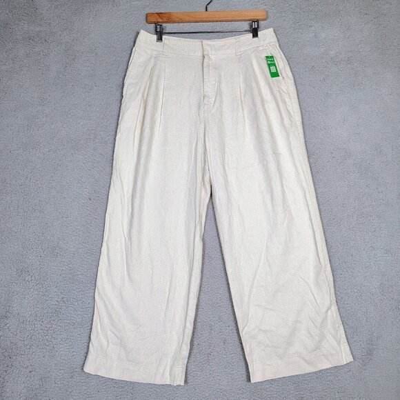 Gap Pants Women's 10 Petite Ivory Linen Blend Pleated Wide Leg Coastal Core NWT - Picture 1 of 12